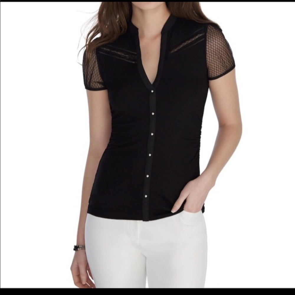 NEW WHBM SHORT SLEEVE MESH TRIM SHIRT